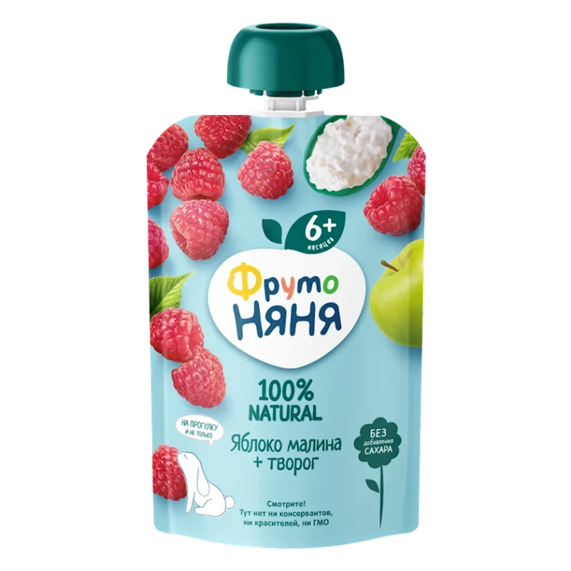 Фруктовое пюре ФрутоНяня Яблоко, Малина и Творог, 90 г