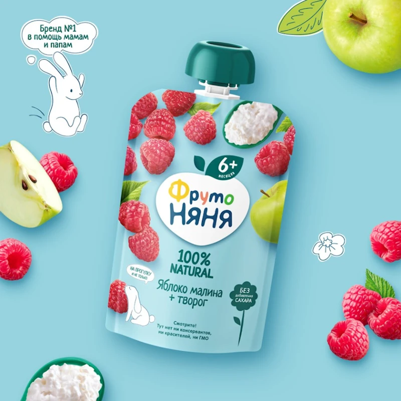 Фруктовое пюре ФрутоНяня Яблоко, Малина и Творог, 90 г