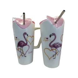 Кружка Decoria Фламинго, с крышкой/с трубочкой, белый/розовый