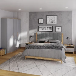 Двуспальная кровать Art_ikili_yataq 59, ламинат, серая, 200x200x120 см