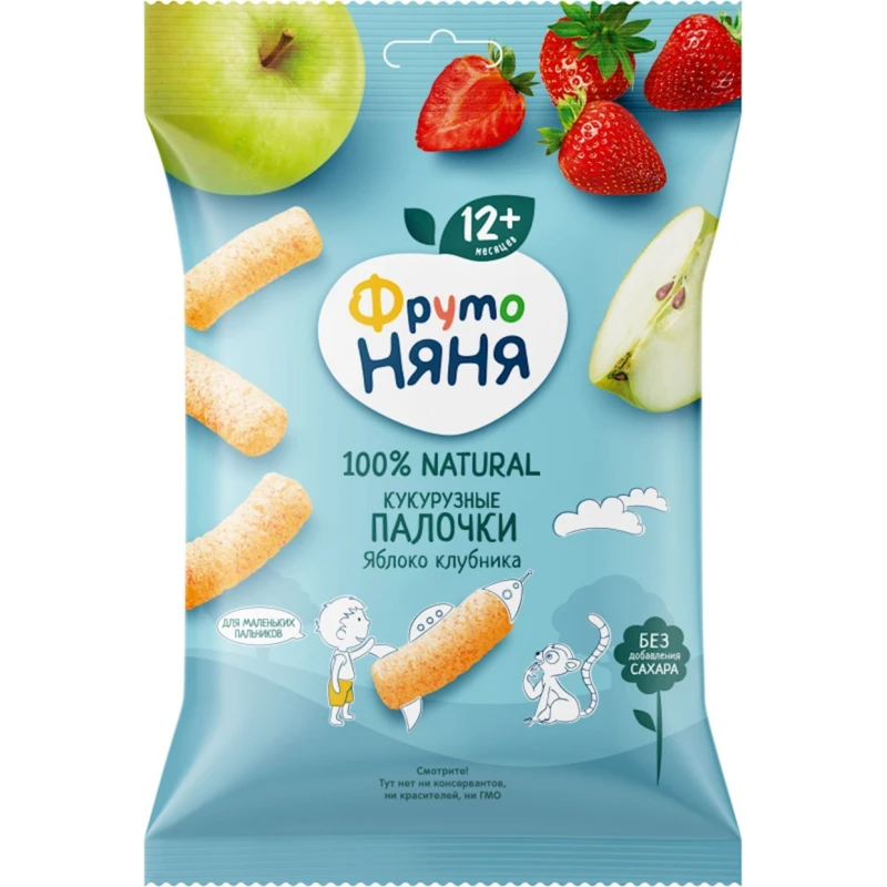 Кукурузные палочки ФрутоНяня С Яблоком и Клубникой, 12+ мес, 20 г Кукурузные палочки ФрутоНяня С Яблоком и Клубникой, 12+ мес, 20 г