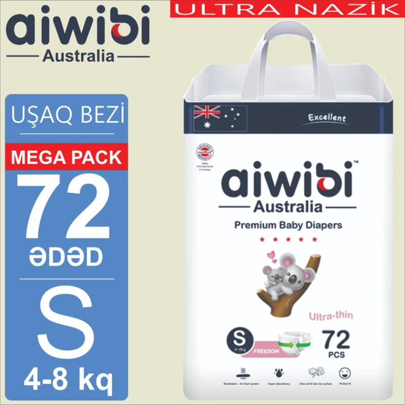 Детские подгузники AIWIBI Premium S, 4-8 кг, 72 шт