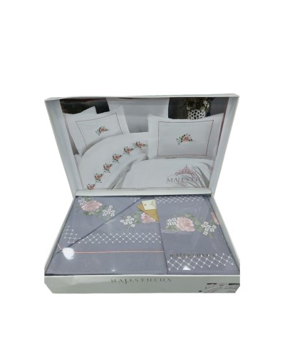 Yataq dəsti NV15 yorğan üzü 200x220 sm, mələfə 240x260 sm, 4 yastıq üzü 50x70 sm, pambıq, boz/çəhrayı