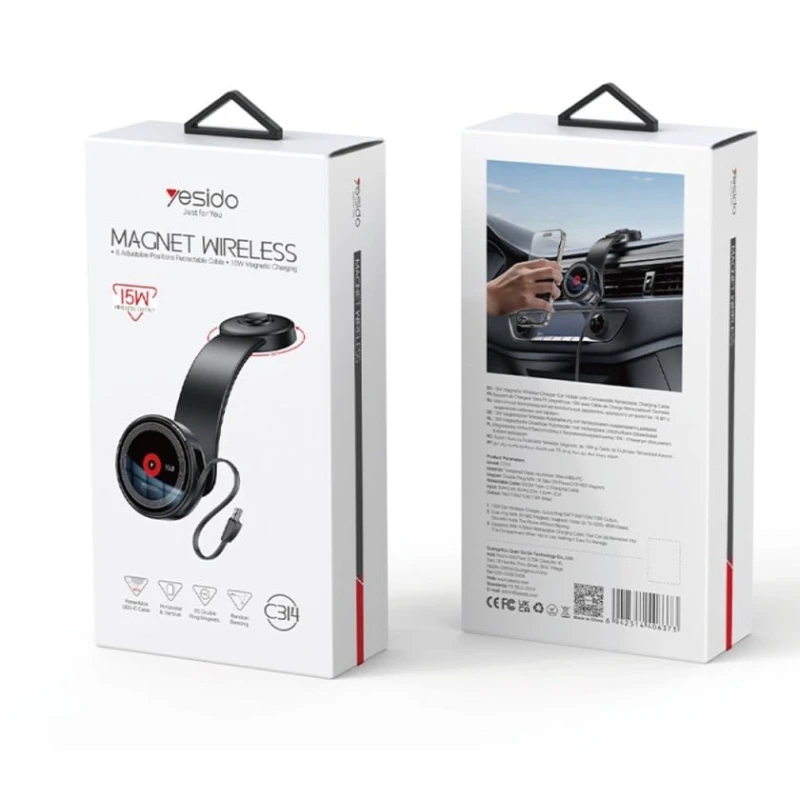 Магнитный автомобильный держатель для телефона Yesido C314 с беспроводной зарядкой Black Магнитный автомобильный держатель для телефона Yesido C314 с беспроводной зарядкой Black