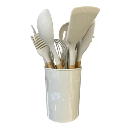 Набор кухонных принадлежностей PP-MM-016, 11 предметов, силикон, с деревянной рукояткой, бежевый Набор кухонных принадлежностей PP-MM-016, 11 предметов, силикон, с деревянной рукояткой, бежевый