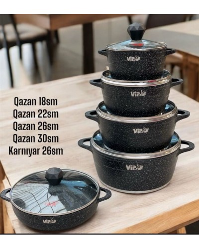 Qazan dəsti, qranit, qara, 10 parça, 18/22/26/30 sm