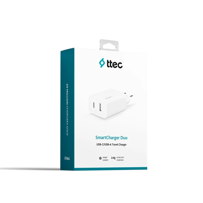 Ttec Smartcharger Duo USB-C+USB-A Travel Charger 2.4A White / 2SCS25B