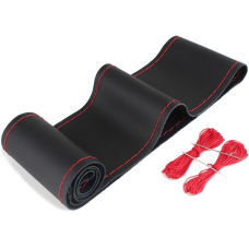 Car Steering Wheel Covers 38cm Plain Style Black / Red Thread