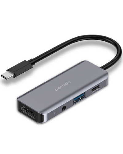 Porodo 4IN1 USB-C HUB TYPE-C PD 100W HDMI USB 3.5MM AUX Grey / PD-41CHB-GY